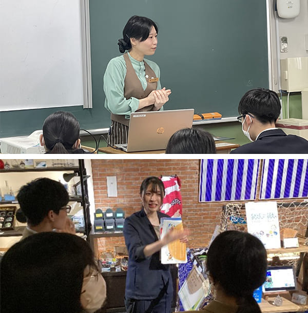 上）「ホテル ユニバーサル ポート」「ホテル ユニバーサル ポート ヴィータ」のキャリア講話の様子
下）「クロスホテル札幌」でのサステナ講義の様子